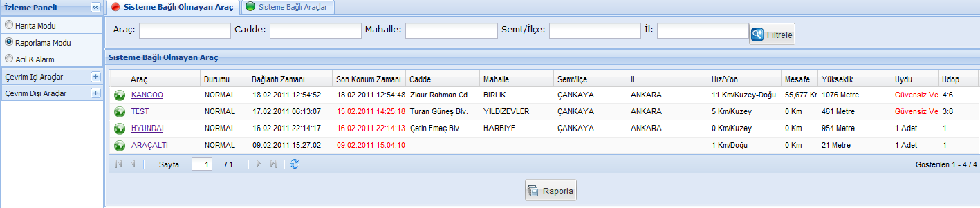 Raporlama Modu RAPORLAMA MODU bölümünde sisteme bağlı olan ve olmayan araçlarınızı liste halinde görebilir, araç adına, cadde, mahalle, semt/ilçe,il kriterlerine göre arama yaptırarak