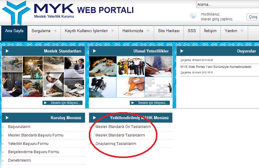 takdirde ana sayfasında Yetkilendirilmiş MSHK Menüsü nü görür.