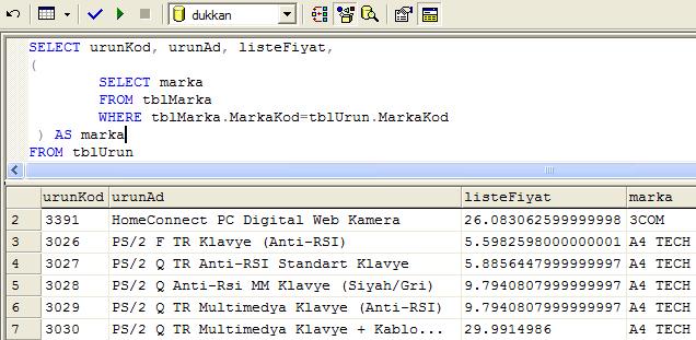 İlintili Alt Sorgular SELECT urunkod, urunad, listefiyat FROM tblurun WHERE