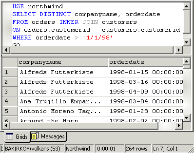 Örnek: Aşağıdaki örnekte 01.01.1998 tarihinden sonra sipariş vermiş olan müşterilerin isimleri listelenmiştir.