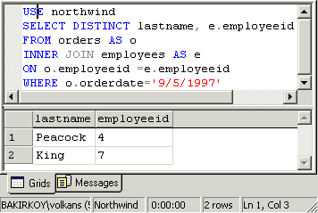 Sorgu 1: SELECT lastname, employeeid FROM employees AS e WHERE EXISTS (SELECT * FROM orders AS o WHERE e.employeeid=o.employeeid AND o.