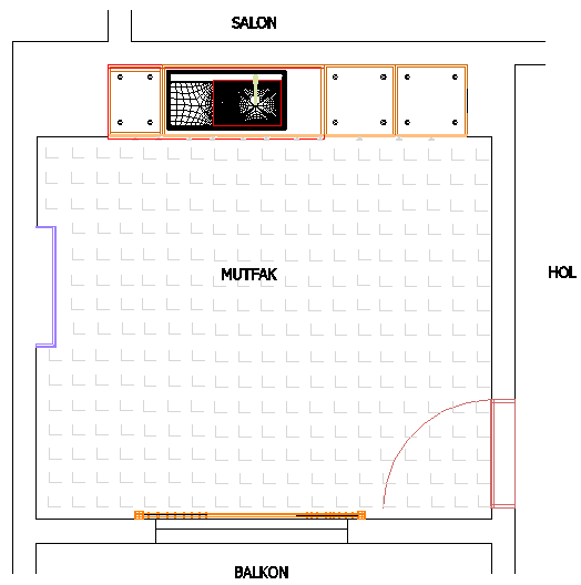 Duvarın kalan boşluğuna 77x45x56 cm lik Tek çekmeceli alt dolabının biri normal dolap diğerleri evye dolabı olacak