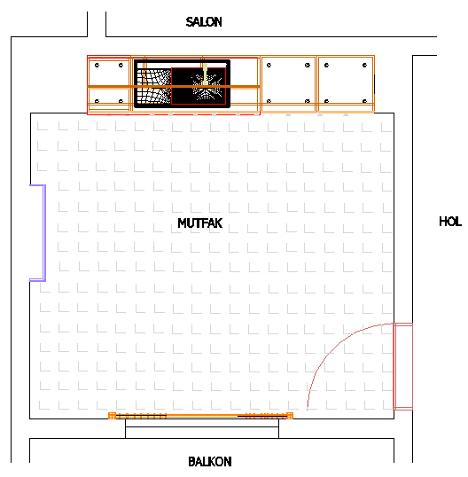 Evye dolabının üzerine gelecek şekilde 72x180x33 cm ölçülerindeki Üç kapaklı üst dolabı planda sol iç köşeye gelecek