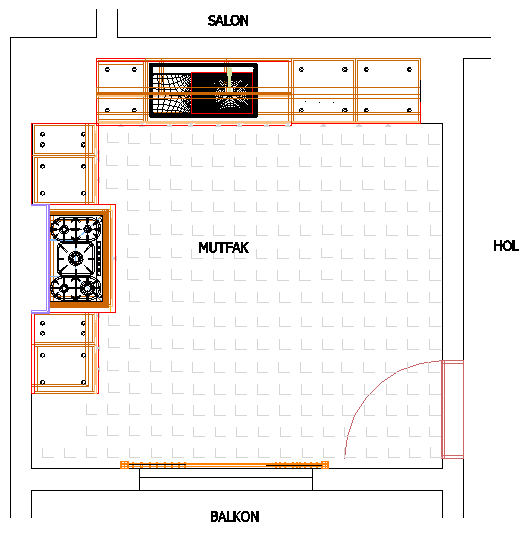 Girişte karşı duvarın ortasındaki bacanın önüne gelecek şekilde 77x90x56 cm lik iki kapaklı alt dolab ve davlunbaz