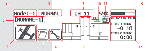 4.5.1.2. Dokunmatik ekran göstergeleri Şekil 4.7. Hitec Aurora 9 menüsü[7] 1. Model number: 30 a kadar modelin kaydedildiği model kayıt menüsüdür.