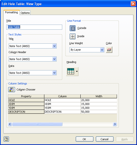 SAYISAL GRAFİK Autodesk Inventor 2008 Tanıtma ve Kullanma Kılavuzu 32. Delik tablolarının biçimini istediğimiz gibi ayarlayabiliriz. Delik tablosuna çift tıklayın. Aşağıdaki diyalog kutusu açılır. 33.