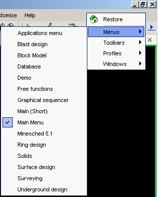 - Survey (Haritalama) - Database (Veritabanı) - Surfaces (Yüzeyler) - Solids (Katılar) - Block Model (Blok Modelleme) - Design (Tasarım) - Plotting (Çizim) - Customize (Özelleştir) - Help (Yardım)