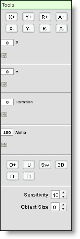 2.7.1. Tools Tools paneli en temel paneldir. Bu panelde bulunan conroller sayesinde objelerin konum, büyüklük, açı ve şeffaflık değerlerini değiştirebilirsiniz.
