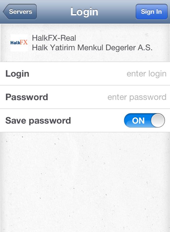 Login with existing account Varolan bir hesapla giriş yap seçeneği tıklandığında ekrana gelen server arama bölümünde HalkFX yazılır.