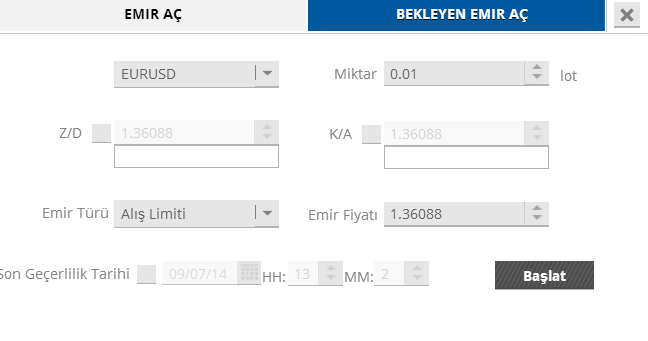 Bekleyen emirler Fiyat ayarladığınız seviyeye ulaştığında bekleyen emir aktif edilir. Gerçekleşir ise durumu sözleşmeye S/L ve Т/P eklemek için kullanılabilir.