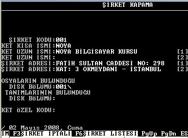 Şirket açma işleminin son penceresi olan bu pencerede TL için 1, YTL için 2 girilerek şirket açma işlemini tamamlamış oluruz.