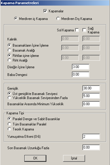 IV. 5 MERDİVEN KAPAMA Parametreler mönüsündeki merdiven kirişleri parametreleri penceresi, şunları saptamayı sağlar: - Merdivenin merdiven kirişi içerip içermemesine ve gerekli durumlarda merdiven