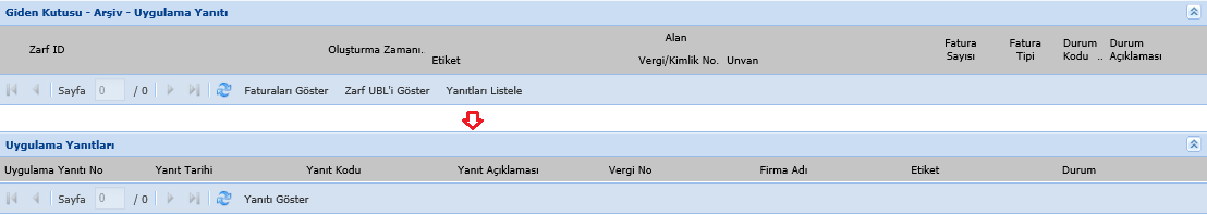 4.1.2.5 Arşiv Uygulama Yanıtı Alınan ticari faturalar için, gönderilen kabul ve ya ret cevaplarıdır. Zarf ID, zarf oluşturulma zamanı, durum kodu ve durum açıklaması bilgilerine ulaşılabilir.