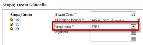 Sistem > Parametreler > Tevkifat Oranları Vergi Kodu: E-Fatura kullanılıyor ise vergi kodu tanımlaması yapılmalıdır.