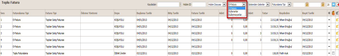 Toplu Fatura ERP > Fatura > Toplu Fatura Listede bulunan + butonu ile toplu fatura oluşturulmaktadır.