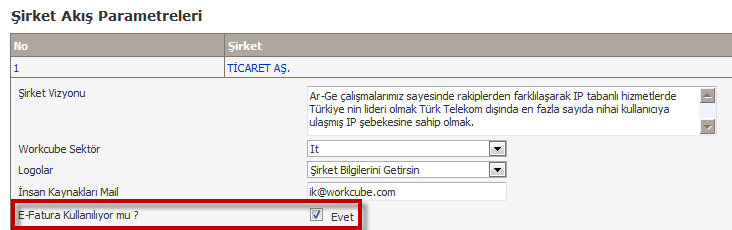 Sistem > Sistem Yönetimi > Şirket Akış Parametreleri E-Fatura Kullanılıyor mu? E-Fatura kullanılıyor ise Evet checkbox ı seçili olmalıdır.