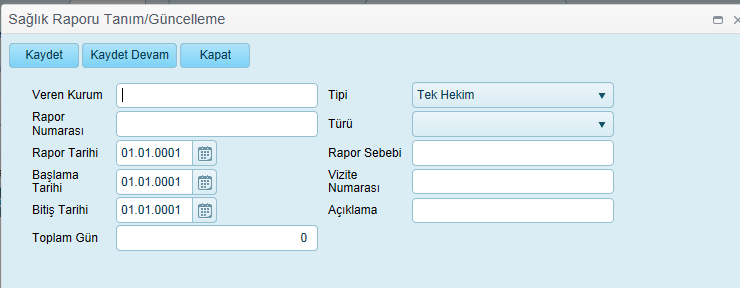 3.3.15. Sağlık Raporu İşlemleri Sistemde personel bilgileri ekranında Sağlık Raporu sekmesi tıklandığında personel için geçmiş sağlık raporları görüntülenir.