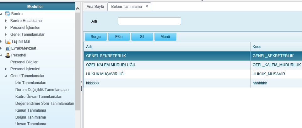 7.3. Bölüm Tanımlamaları Bölüm Tanımlama ekranı bölüm sorgulama,