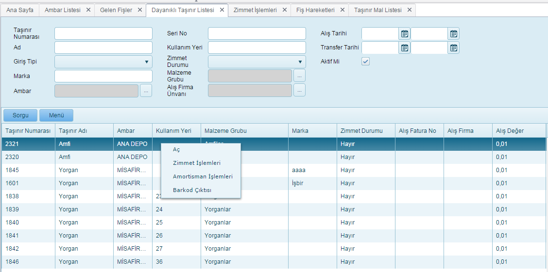 Bu sayfada yapılabilecek işlemler: 1 Dayanıklı Taşınır Sorgulama 2 Zimmet İşlemleri 3 Amortisman İşlemleri 4 