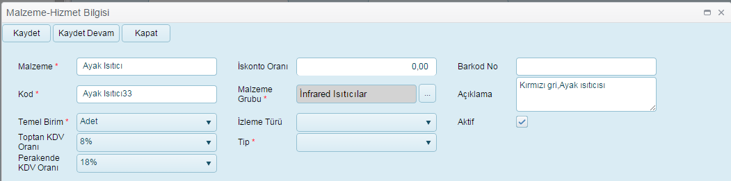 Bu sayfada yapılabilecek işlemler: 1 Malzeme Sorgulama 2 - Malzeme Ekleme 3 Malzeme Silme 6.1.1 Malzeme Sorgulama Aşağıdaki alanlar ile malzeme sorgulaması yapılabilir.