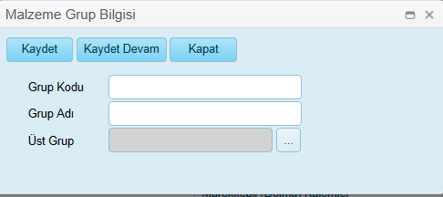 5.10.3. Silme Gridde seçili kayıt silinmek istendiğinde kullanılır. 5.11. Malzeme Grup Tanımı Malzeme Hizmet tanımlarında kullanılacak malzeme grup tanımları ekranıdır.