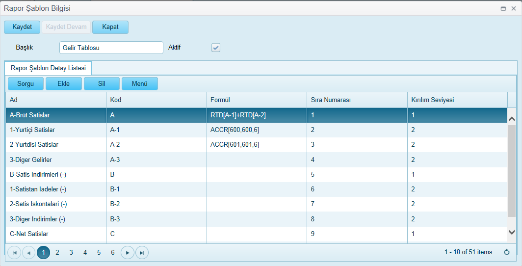 Bilanço, gelir tablosu gibi raporlar için formül oluşturulup, rapor hazırlanması için kullanılacak ekrandır. Başlık Aktif 5.20.1.