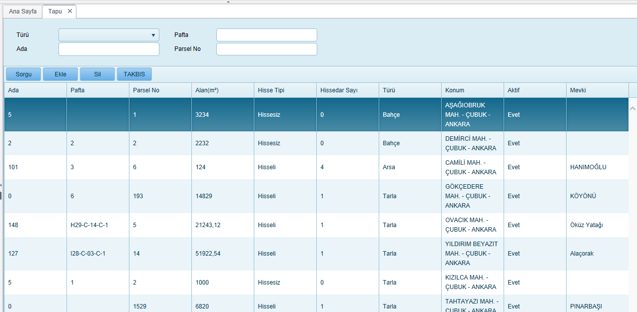 6. Tapu İşlemleri Tapu menüsüne tıklandığında, sistemde kayıtlı tapu bilgileri listelenir.