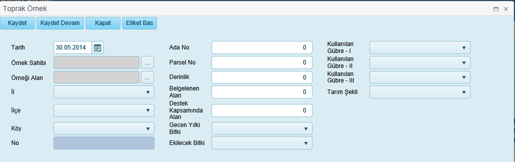 12. Laboratuvar İşlemleri Sol panelden Oda> Laboratuvar İşlemleri menüsü ile aşağıdaki ekran açılır Bu ekranda yapılabilecek işlemler: 12.1. Sorgulama Bu ekranda örnek sahibinin isminin bir kısmı, Ada No, Parsel No, Analiz Tarih aralığı gibi kriterlerden biri ve ya bir kaçı ile sorgulama işlemi yapılabilir.