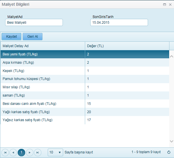 14.2.1. Besi Hayvan Maliyeti Sorgulama Aşağıdaki kriterler ile sorgulama işlemi yapılabilir Form Adı Form Kodu Oluşturulma Tarih aralığı Bitiş Tarih aralığı Durum Ziraat Odaları Birliği tarafından