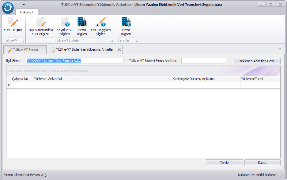 Şekil-17: Ana Menüde Tüik e-vt Sistemine Yüklenen Anket Listeme Ekranı Birden fazla firma tanım bilgisi varsa kullanıcı İlgili Firma alanından firma seçimi yapar, Tüik sistemi tarafından firmaya