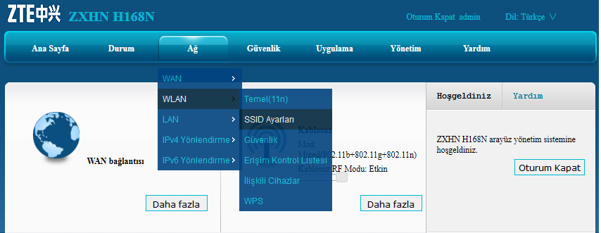 Bölüm 5 : Kablosuz Ağ Ayarları ZXHN H168N Kullanıcı Kılavuzu Modemin kablosuz ağ adı ve şifresini değiştirmek için öncelikle modem arayüzüne girmeniz gerekmektedir.