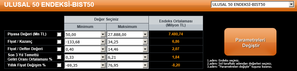 ANALİZLER-HİSSE FİLTRELEME Hisse senedi filtreleme ile belirlediğiniz piyasa yada sektör de; piyasa değeri, fiyat/kazanç, fiyat/defter