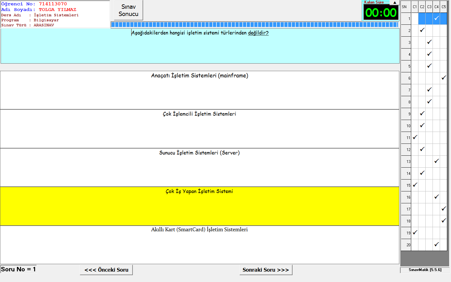 Sınav Programı (Devam) Sınav Ekranı