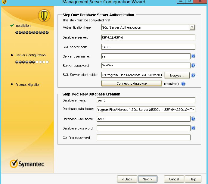 Database Server Authentication Bolumunde Authentication Type SQL Server Authentication seçiyoruz.