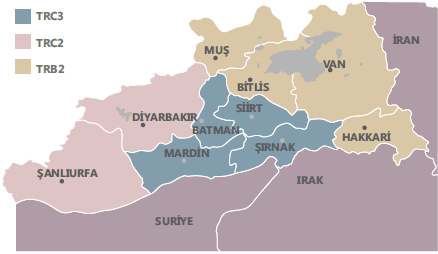 Şekil 107: TRC3 Bölgesinin Konumu Kaynak: DİKA, 2011b TRC3 Bölgesi nde Mardin e bağlı 10 (Merkez, Dargeçit, Derik, Kızıltepe, Mazıdağı, Midyat, Nusaybin, Ömerli, Savur, Yeşilli), Batman a bağlı 6