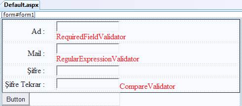 Şekil 14. Örnek uygulama 5 design bölümü Üçüncü ve dördüncü textbox kontrolünün properties sekmesinden text mode özelliğini password yapıyoruz.