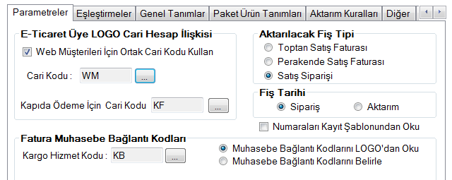 Ayarlar -> Parametreler E-Ticaret Üye LOGO Cari Hesap İlişkisi Web Müşterileri için torba bir cari hesap kullanılması düşünülüyorsa ayar sağdaki gibi yapılmalıdır.