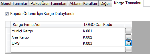 Ayarlar -> Diğer Kredi Kartı Komisyon Kodu Kapıda Ödeme Komisyon Kodu PayU Ödeme Sistemi PayPal Cari Kodu Tahsilatlarda kredi kartı komisyonu alınması durumunda fatura satırında gösterilecek hizmet