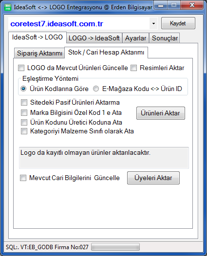 IdeaSoft -> LOGO -> Stok / Cari Hesap Aktarımı Ürünleri Aktar Üyeleri Aktar Sitedeki ürünleri belirtilen kriterlere göre LOGO ürününe aktarması sağlanır.