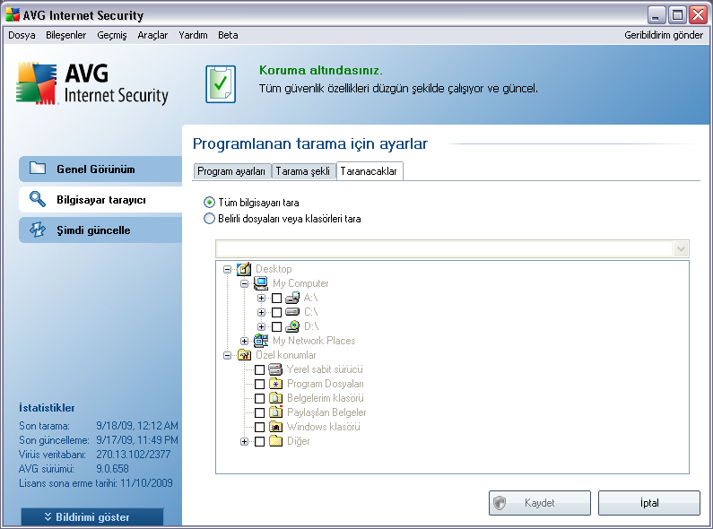 11.5.3. Taranacaklar Taranacaklar sekmesinde bilgisayarı tamamen taramayı ya da sadece belirli dosya ve diskleri taramayı seçebilirsiniz.