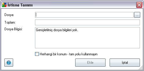 Düzenle - önceden tanımlanmış olan bir istisnanın parametrelerini düzenleyebileceğiniz bir düzenleme iletişim kutusu açar (yeni istisna tanımı iletişim kutusuyla aynı, aşağıya bakın) Sil - seçilen