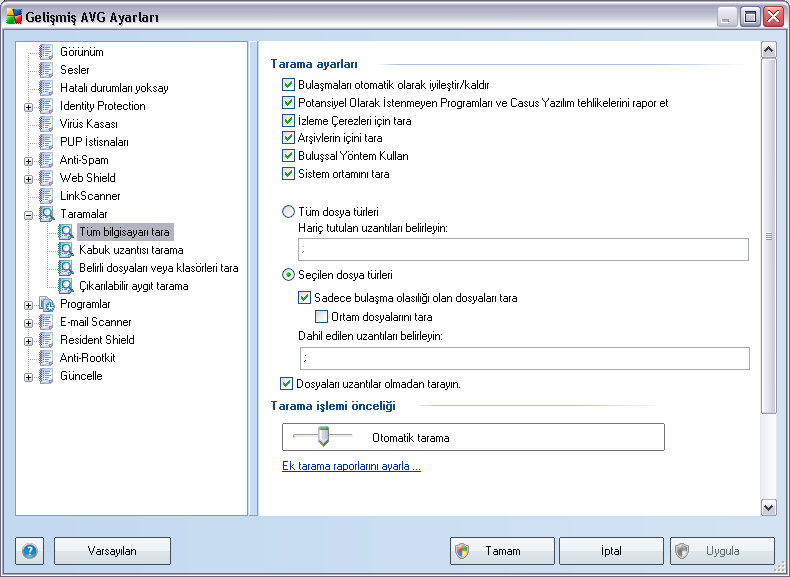 Tarama ayarları Tarama ayarları bölümünde isteğe bağlı olarak açılıp kapatılabilecek tarama parametreleri listelenmiştir: Bulaşmayı otomatik temizle/sil : tarama işlemi sırasında bir birüs