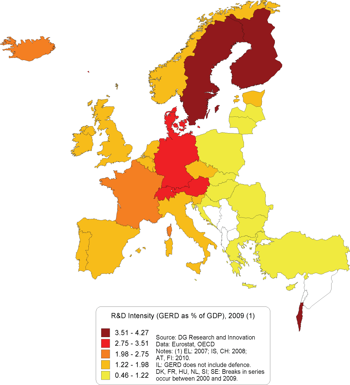 2009 yılında AB ülkelerinde yapılan araştırmada araştırma ve yenilikçilik için yapılan harcamalara ait harita Şekil 15. te verilmiştir.