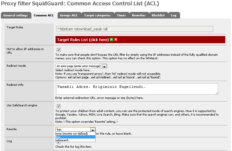 Bölüm 26: SquidGuard Genel ACL Herhangi bir kuralda tanımlı olmayan tüm