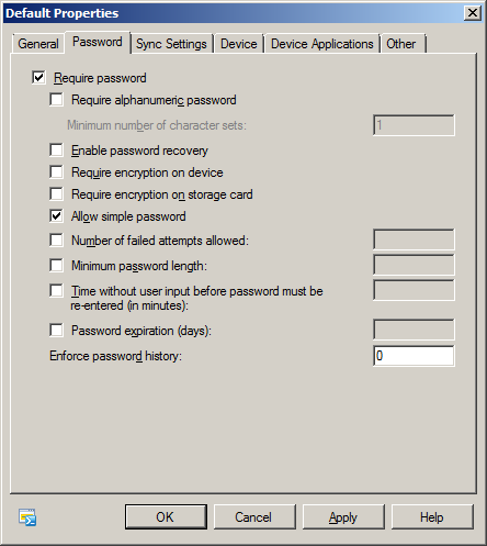 Resim 1.26: Varsayılan politika özelliklerinin password sekmesi Sync setting: Mobil cihazın eģleme ayarlarının yapıldığı sekmedir.