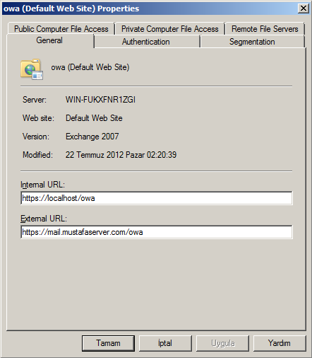 Resim 2.2: OWA özellikleri general sekmesi General sekmesi: Bağlantı adresleri ve site hakkında genel bilgiler bulunur. Internal URL: OWA ya iç ağdan ulaģılmasını sağlayacak adres yazılır.