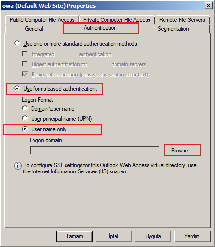 Sadece Kullanıcı Adı ve Parola ile bağlantı kurmak istenilirse Exchange Management Console Server Configuration Client Access kökü tıklanır.