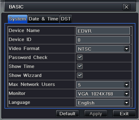 Resim 4.3 Temel Yapılandırma - Sistem Adım 2: Bu arayüzde kullanıcı aygıt adı, aygıt ID, görüntü format, maks. ağ kullanıcısı, HDMI/VGA Çözünürlüğü ve dil ayarlarını yapılandırabilir.