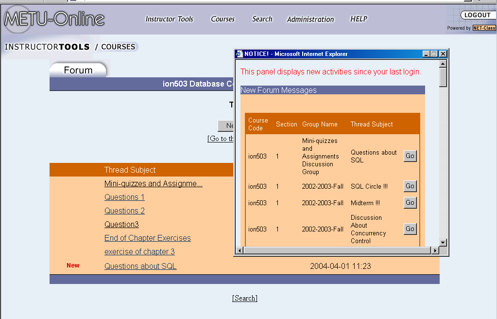 36 ġekil 3 : Net-Class Forum Yapısı I Kaynak: METU-Online,