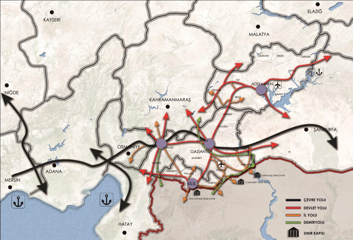 Şekil 66: TRC1 Bölgesi Ulaşım Ağı, 2013 Kaynak: İKA Karayolu Motorlu taşıtlarla yapılan karayolu taşımacılığının yük taşımacılığında genel olarak en çok tercih edilen ulaşım yolu olduğu bilinmektedir.